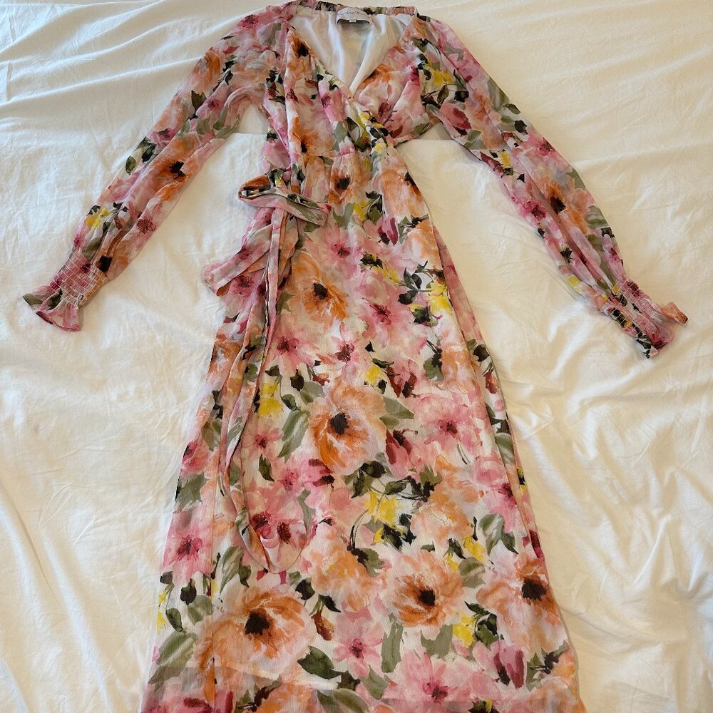 Charles Henry floral sheer long sleeve full length wrap dress size XS